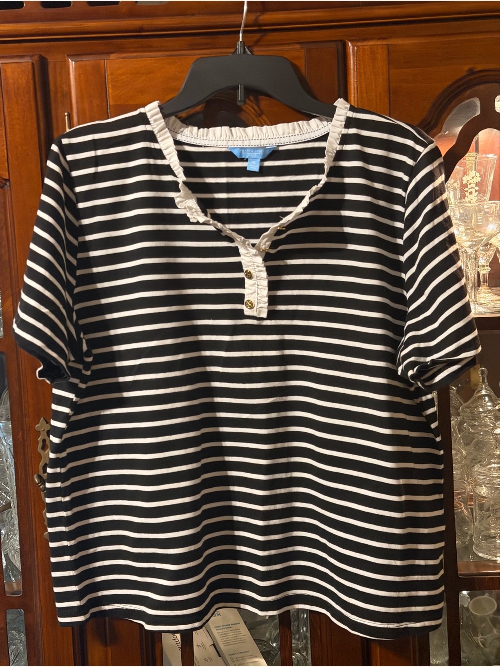 Draper James Women’s Black & White Stripe Ruffle Detail Top